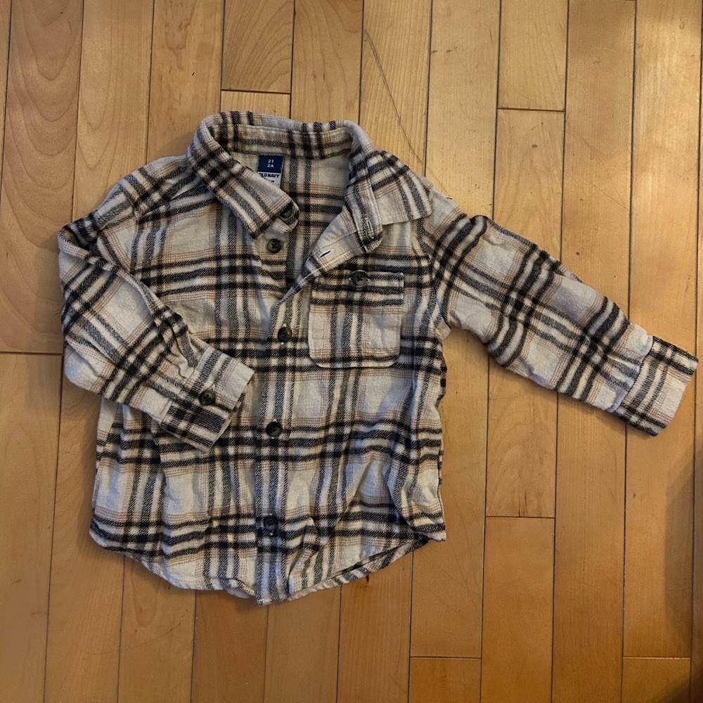 Old Navy Kids Plaid Button Down Shirt - Cream Brown and Black